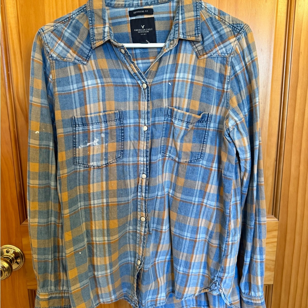American Eagle Outfitters Blue and Orange Plaid Western Button Down Shirt